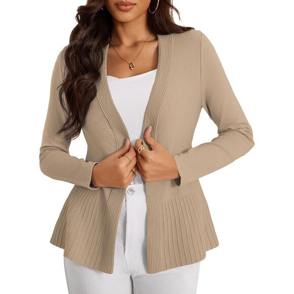 Women's Casual Open Front Sweater Long Sleeve Rib Knit Draped Cardigan Sweater - Picture 2 of 5